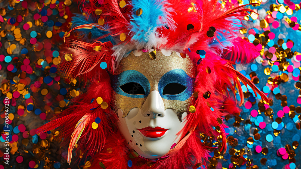 Carnival mask with colorful feathers and confetti background.
