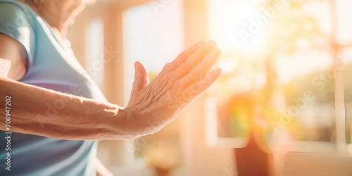 Hands of an elderly person in a prayer pose, illuminated by bright light. The concept of spirituality and meditation. photo