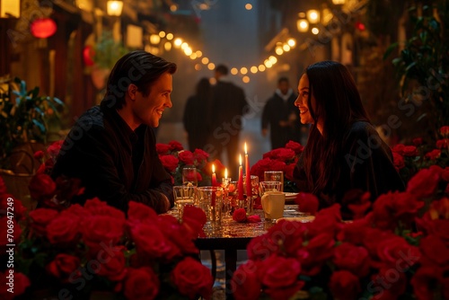 romantic scene with a couple enjoying a candlelit dinner, surrounded by a bouquet of red roses © yevgeniya131988