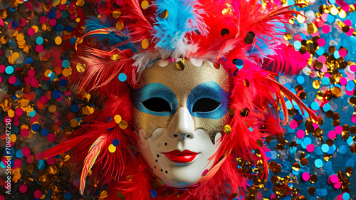 Carnival mask with colorful feathers and confetti background.