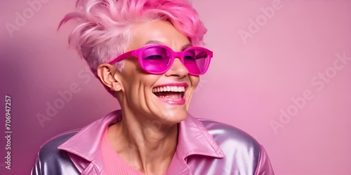An elderly woman with short pink hair and pink glasses. The concept of joie de vivre and youthfulness of spirit. photo