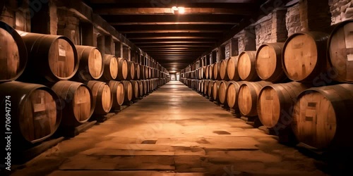 A long row of oak barrels in a wine cellar. The concept of winemaking and tradition. photo