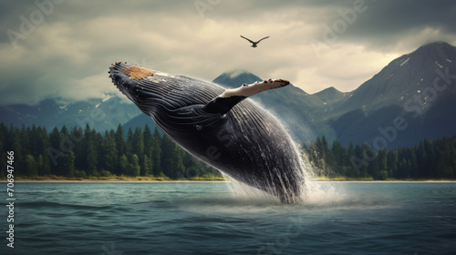 Jumping Humpback Whale Over the Water Photo Wallpaper © Black