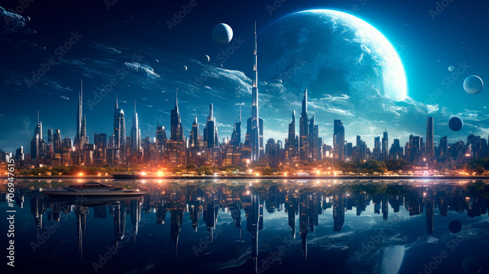 Landscape  of the futuristic city on alien planet. Science fiction, other worlds, alien civilization.