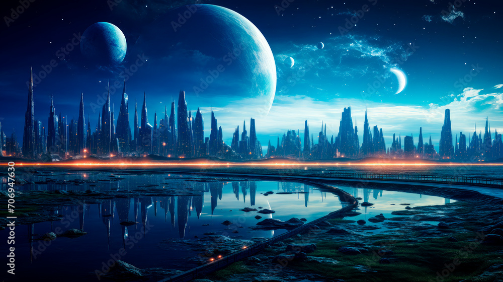 Landscape  of the futuristic city on alien planet - obrazy, fototapety, plakaty 
