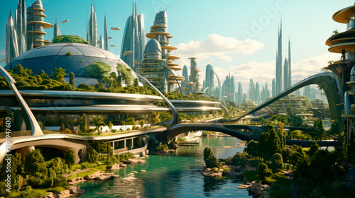 Futuristic city landscape.The concept of the future. Science fiction, other worlds, alien civilization. #706947600