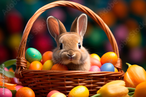 Small ,baby rabbit in easter basket with fluffy fur and easter eggs.