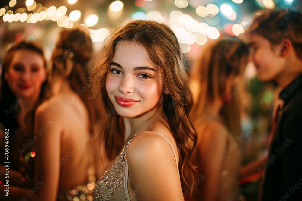 Beautiful happy teenager girl wears dress celebrates school graduation Beautiful happy teenager girl wears dress celebrates school graduation