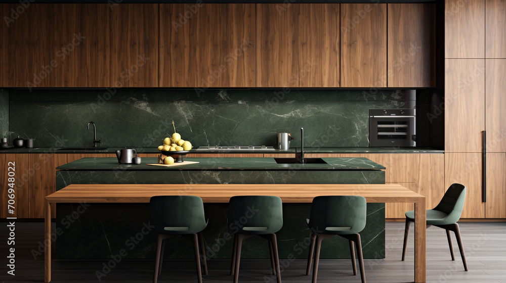 Effortless Style: Minimalist Wooden Kitchen with Dark Green Hues and Chic Dining Area Effortless Style: Minimalist Wooden Kitchen with Dark Green Hues and Chic Dining Area