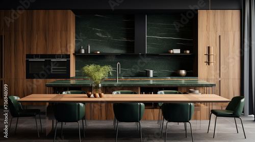 Contemporary Elegance: Modern Kitchen with Island, Dark Green Tones, and Marble Accents © pierre