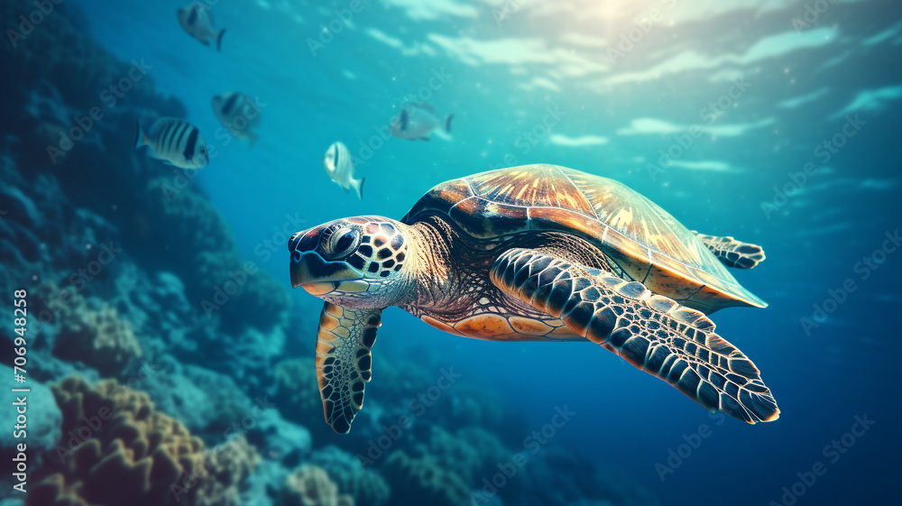 Fototapeta premium turtle swimming underwater in blue tropical sea.