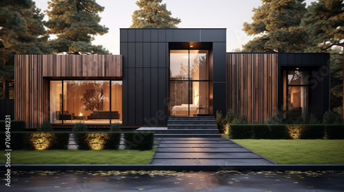 Residential Zen: Luxury Minimalist Villa with Wooden Elements and Stylish Exterior