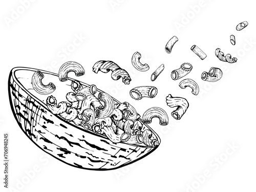 Hand drawn vector ink illustration. Pasta Italian cuisine dish elbows cavatappi penne fusilli rotini in a full bowl. Composition isolated on white. Restaurant, menu, food shop package, flyer, print.
