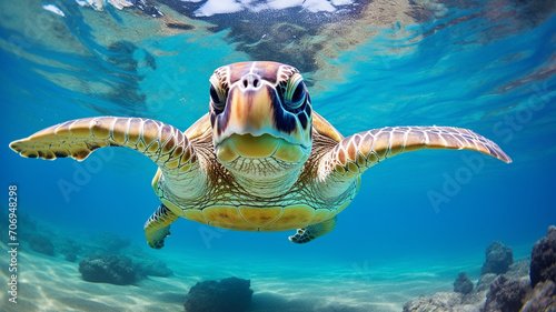 turtle swimming underwater in blue tropical sea.
