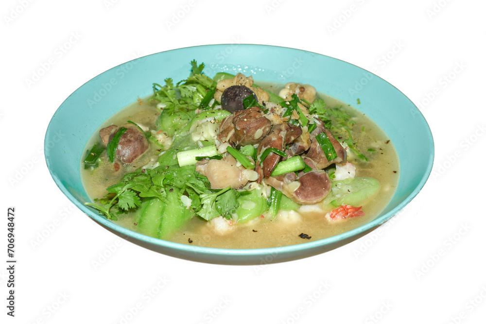 Special Asian dish chicken intestines with zucchini, isolated background