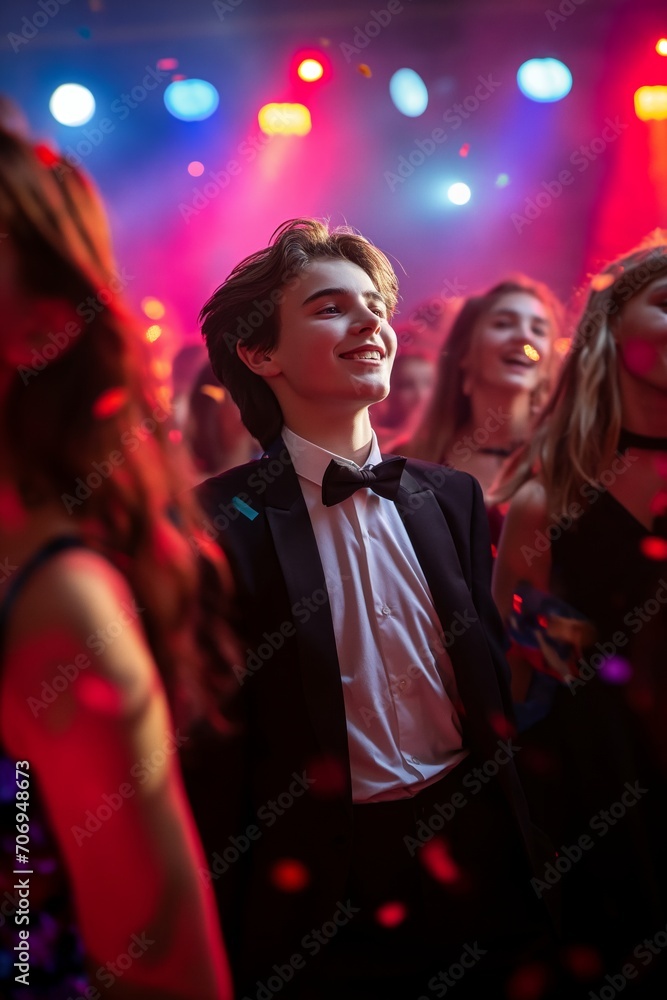 Happy teenager boy wears suit, dances, celebrates school graduation