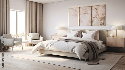 Elegant Tranquility  Pastel Beige and Grey Bedding in Minimalist Bedroom