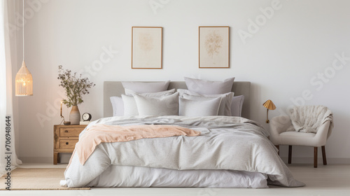 Elegant Tranquility: Pastel Beige and Grey Bedding in Minimalist Bedroom © pierre