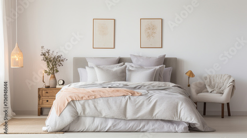 Elegant Tranquility: Pastel Beige and Grey Bedding in Minimalist Bedroom