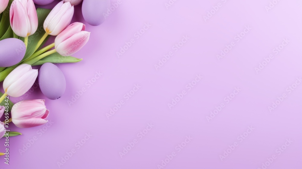Flatley of purple tulips and Easter eggs on a purple background with copy space. Top view, spring mockup, flowers concept. Flatley of purple tulips and Easter eggs on a purple background with copy space. Top view, spring mockup, flowers concept.