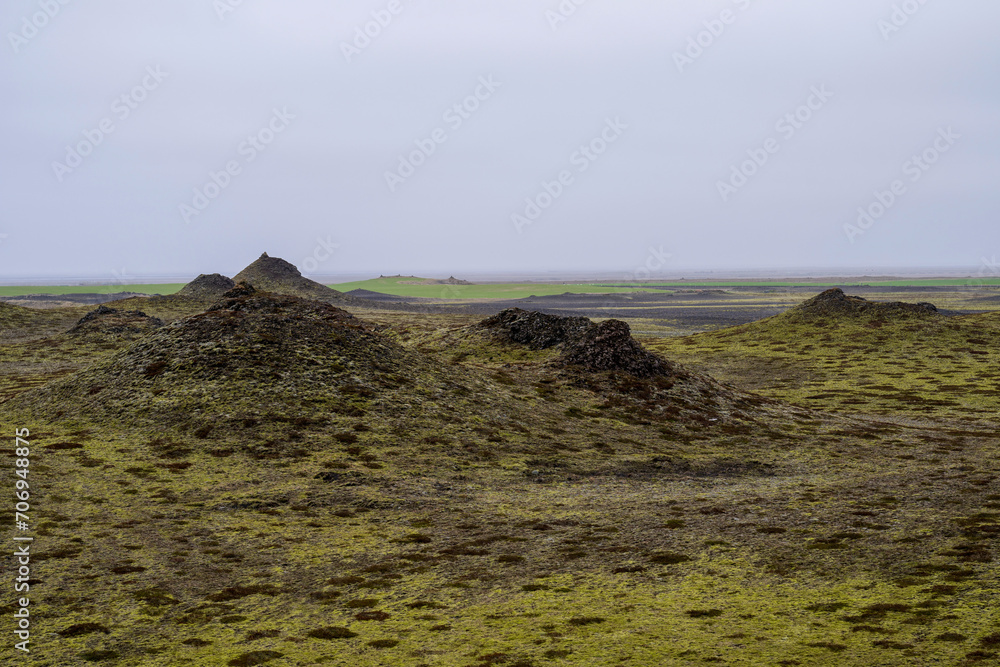 Landscape in southern iceland in summe ron a foggy day