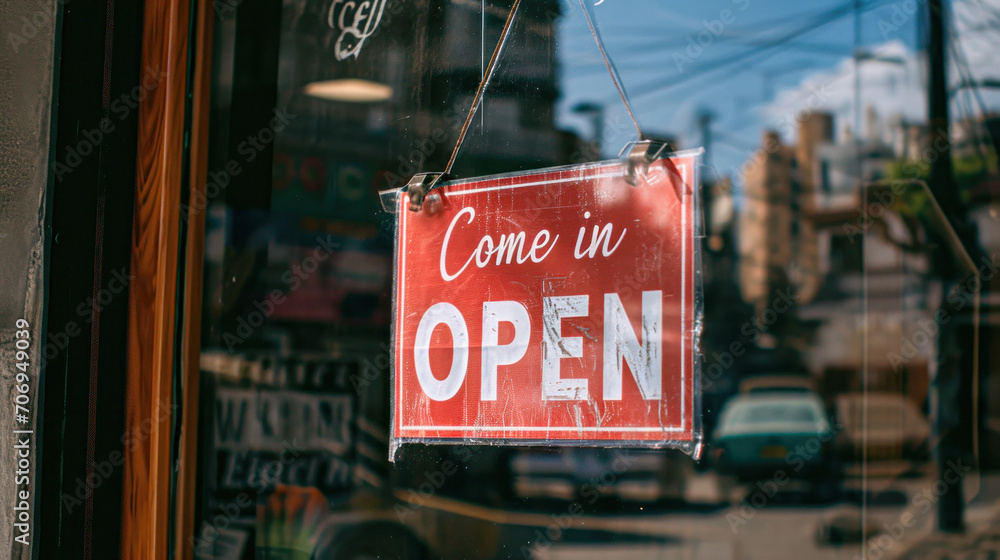 Obraz premium A business sign that says ‘Come in We’re Open’ on cafe/restaurant window.