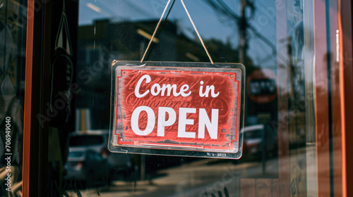 A business sign that says ‘Come in We’re Open’ on cafe/restaurant window.