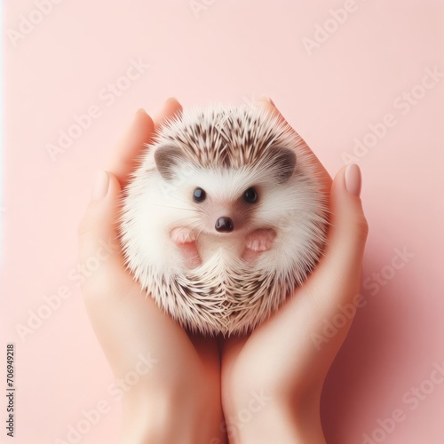 Сute fluffy baby hedgehog toy sitting in the hands on a pastel pink background. Minimal adorable animals concept. Wide screen wallpaper. Web banner with copy space for design.