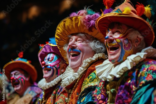 Classic British pantomime performers in brightly colored costumes. Generative Ai. photo