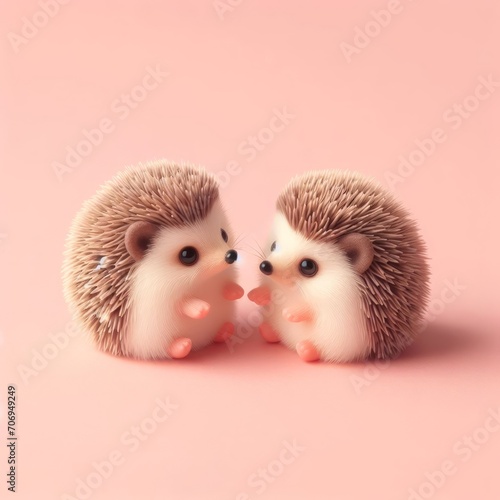 Couple of cute fluffy baby hedgehog toys on a pastel pink background. Saint Valentine's Day love concept. Wide screen wallpaper. Web banner with copy space for design.