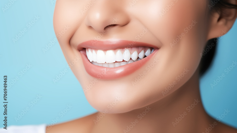 Radiant Smile with Perfect White Teeth on Blue Background Radiant Smile with Perfect White Teeth on Blue Background