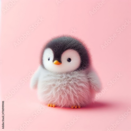 Сute fluffy baby penguin bird toy on a pastel pink background. Minimal adorable animals concept. Wide screen wallpaper. Web banner with copy space for design. photo