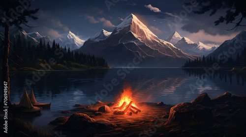 Lake and mountain campfire