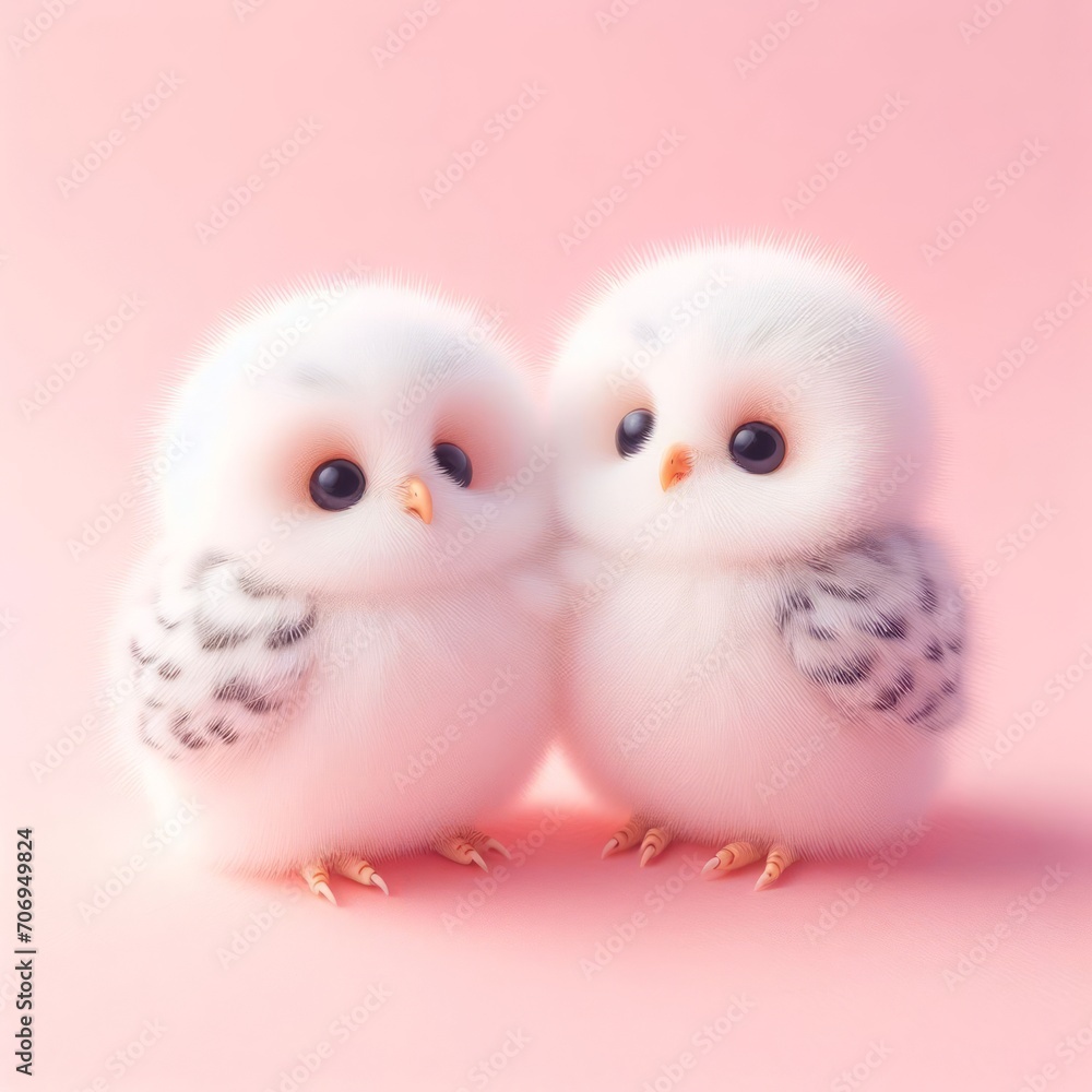 Couple of cute fluffy baby snowy owl toys on a pastel pink background. Saint Valentine's Day love concept. Wide screen wallpaper. Web banner with copy space for design.