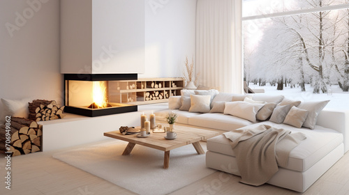 Scandinavian Comfort: White Corner Sofa Near Fireplace in Modern Living Room