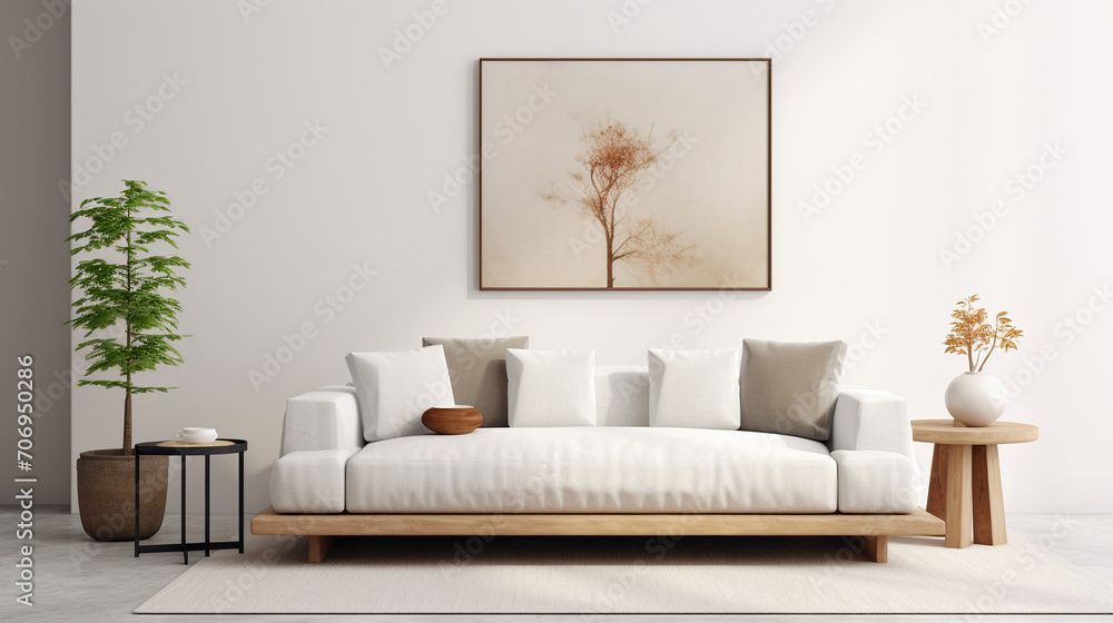 Boho Chic Harmony: White Sofa and Black Coffee Table in Scandinavian Living Room Boho Chic Harmony: White Sofa and Black Coffee Table in Scandinavian Living Room