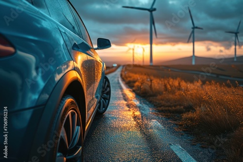 Driving an electric automobile against the backdrop of wind turbines. Generative Ai. © Retu