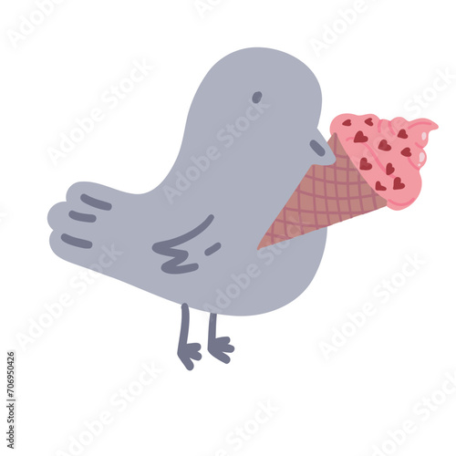 Bird with pink ice cream flat design Valentines day