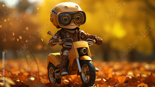 Little robot humanoid riding on a child bike