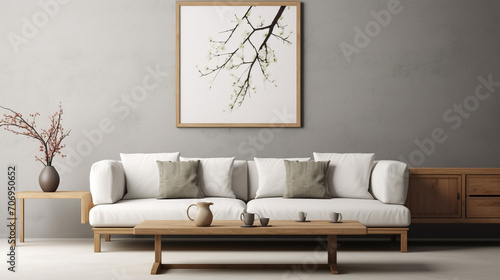 Modern Sophistication  Grey Wall with Art Poster  White Sofa  and Wooden Coffee Table