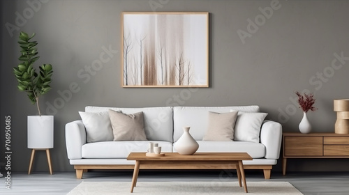 Modern Sophistication: Grey Wall with Art Poster, White Sofa, and Wooden Coffee Table