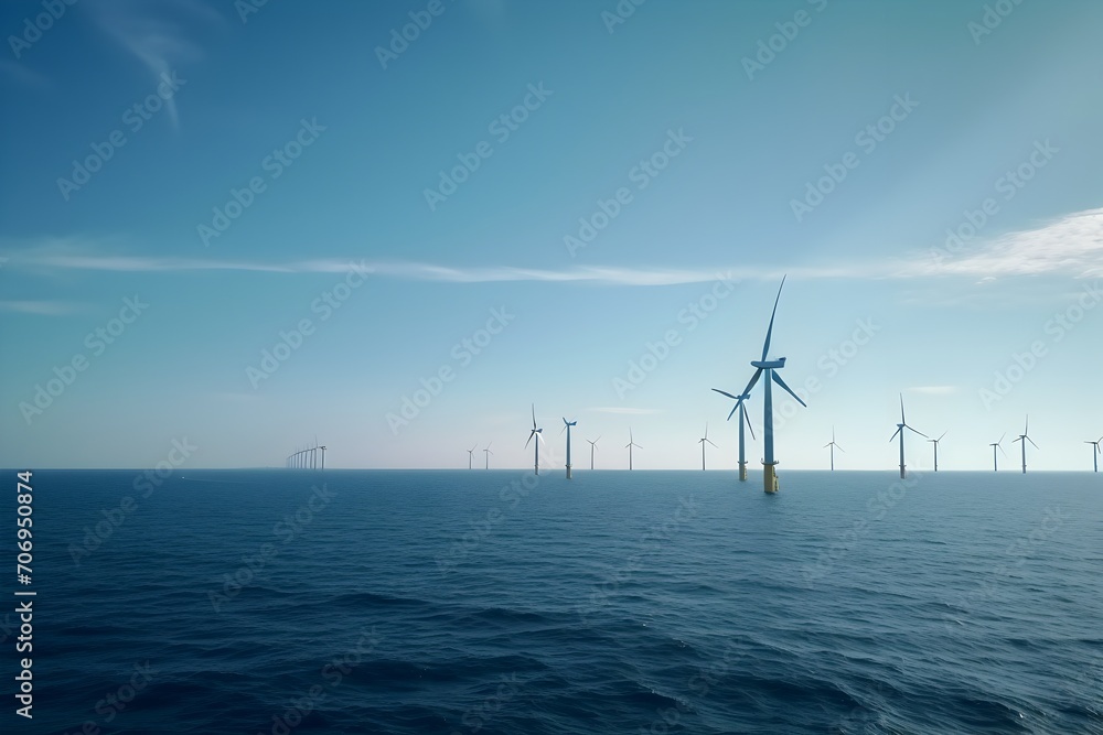 Contemporary offshore wind turbines in the sea. Renewable energy sources concept.