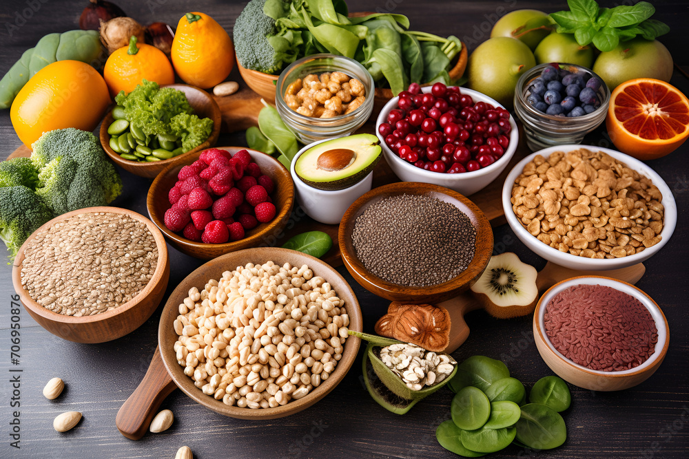 A variety of nutrient-packed plant-based foods, such as fresh fruits, leafy greens and whole grains A variety of nutrient-packed plant-based foods, such as fresh fruits, leafy greens and whole grains