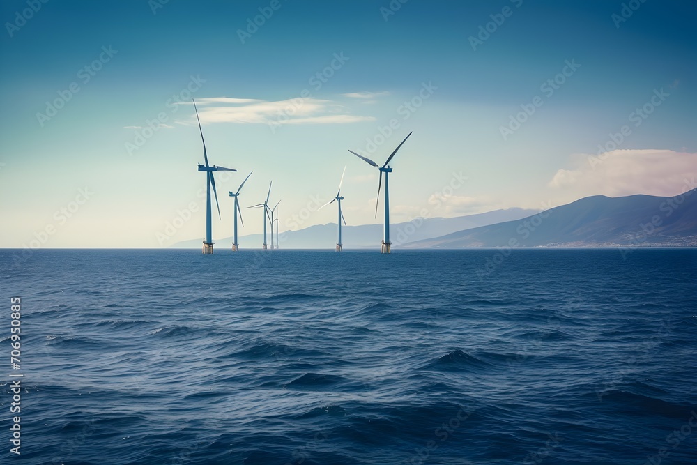 Modern sea-based wind turbines. Renewable energy sources concept.