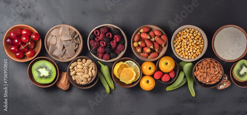 Flat lay banner with a mix of fruits  vegetables  cereals and berries on a concrete background