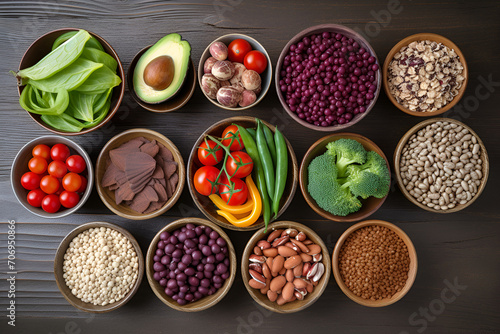 Top view selection of nutritious plant-based foods  including fruits  veggies  nuts  and grains