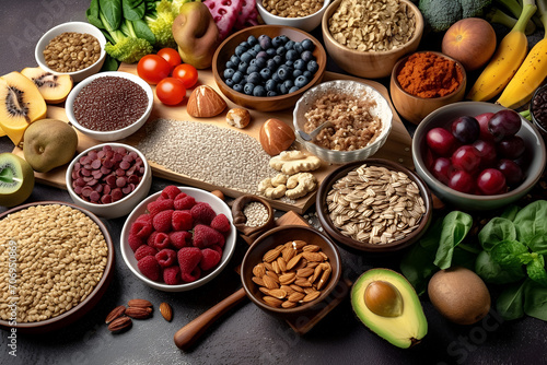 An assortment of healthy plant-based foods  offering a diverse range of fruits  vegetables and cereals