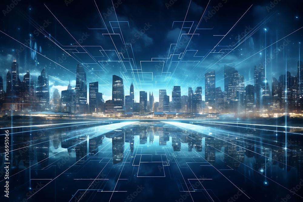 Modern cityscape with glowing lights and digital interface. Modern cityscape with glowing lights and digital interface.