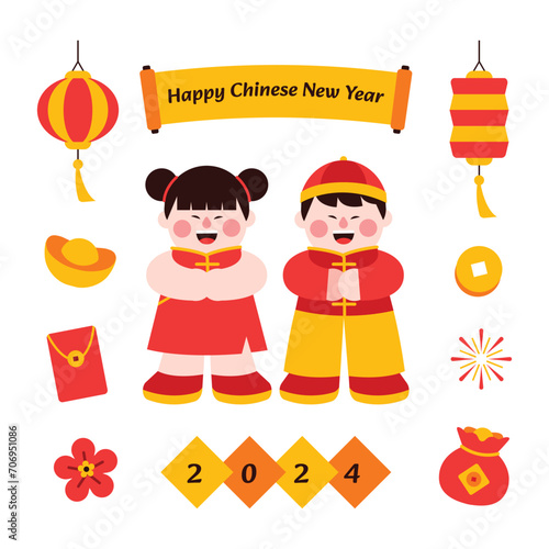 Chinese new year elements in modern minimalist geometric style. Colorful illustration in flat vector cartoon style. Cute boy, girl in chinese traditional costume on white isolated background.