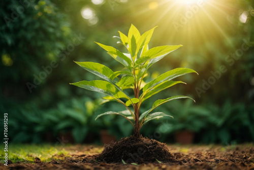 Seedlings grow in soil.Planting trees to reduce global warming. photo